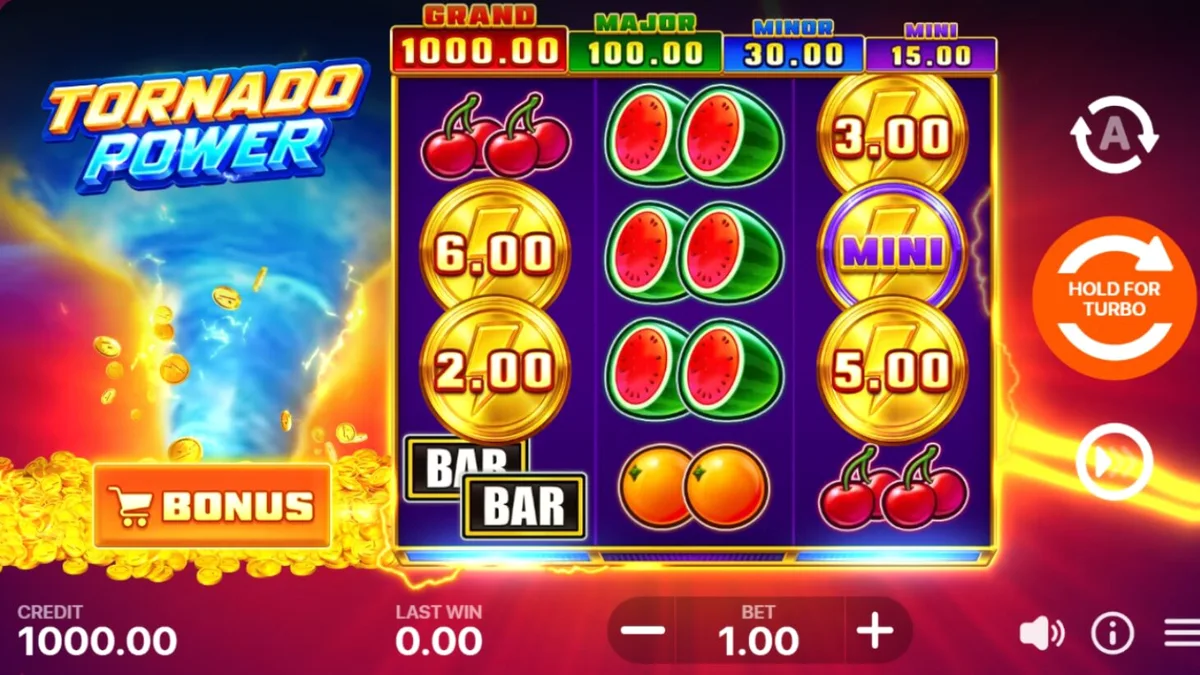 Tornado Power: Hold and Win slot machine interface with lightning effects
